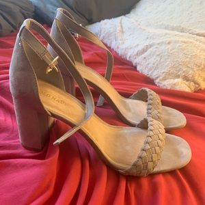 Tan block heels with braided design